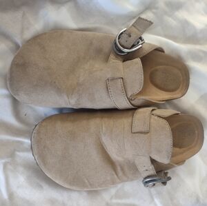 Time and Tru Beige Suede Buckle Clogs